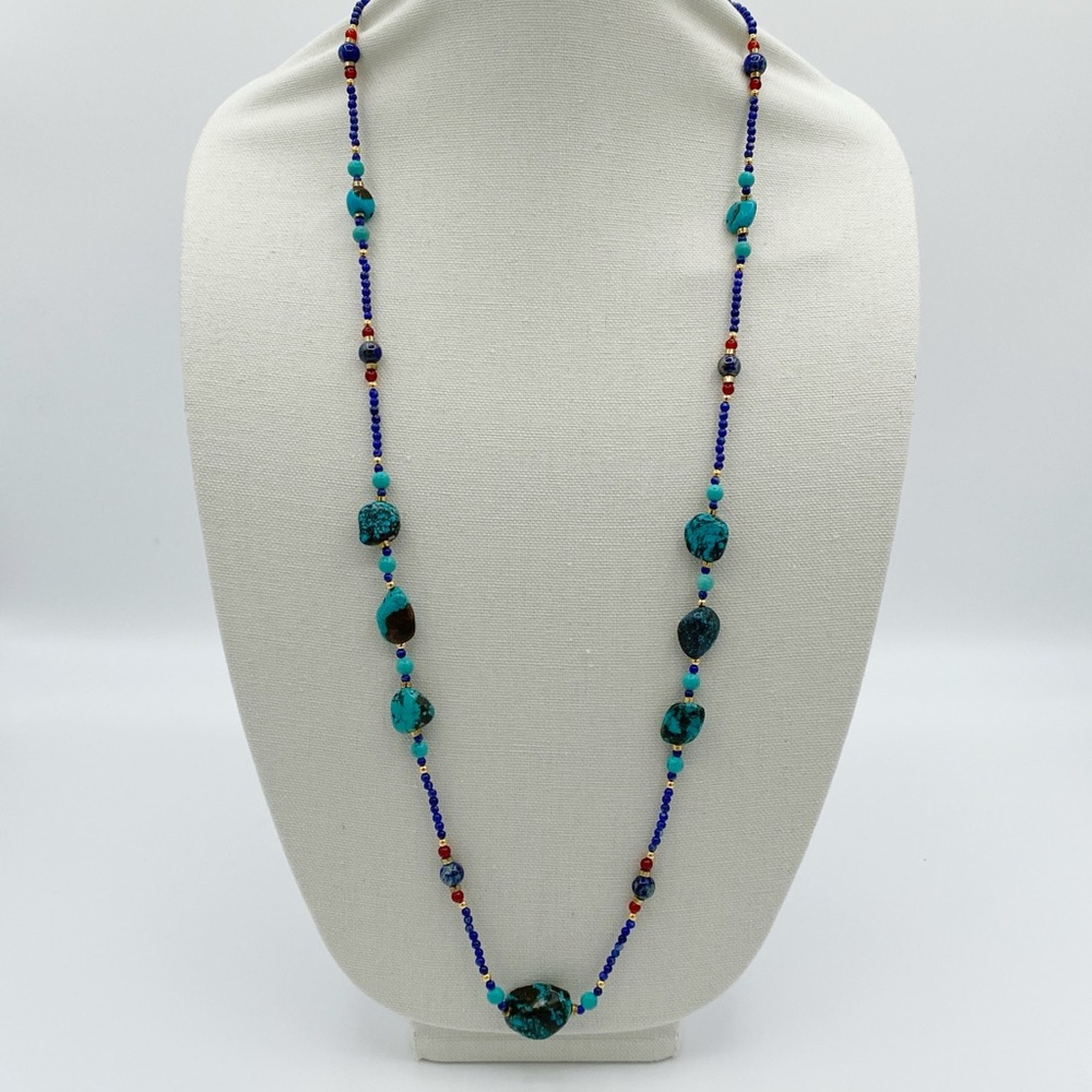Natural Stone Turquoise and Blue Lapis Beaded Necklace
